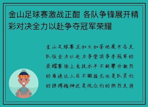 金山足球赛激战正酣 各队争锋展开精彩对决全力以赴争夺冠军荣耀