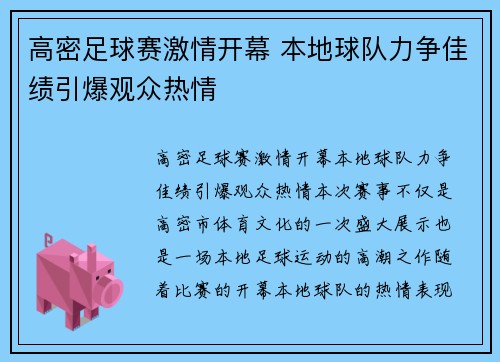 高密足球赛激情开幕 本地球队力争佳绩引爆观众热情