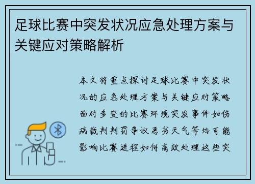 足球比赛中突发状况应急处理方案与关键应对策略解析