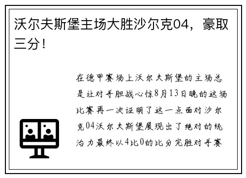 沃尔夫斯堡主场大胜沙尔克04，豪取三分！
