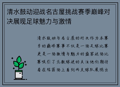 清水鼓动迎战名古屋挑战赛季巅峰对决展现足球魅力与激情