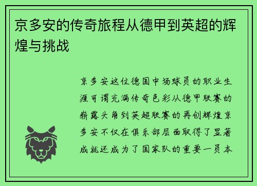 京多安的传奇旅程从德甲到英超的辉煌与挑战