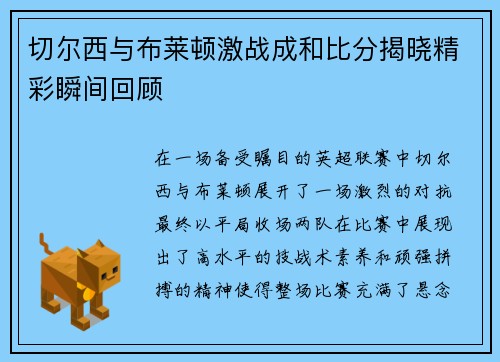 切尔西与布莱顿激战成和比分揭晓精彩瞬间回顾