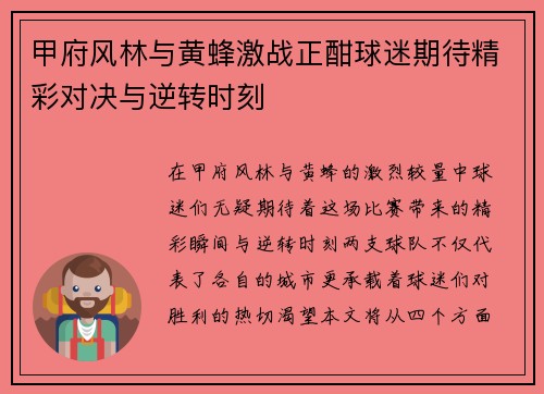 甲府风林与黄蜂激战正酣球迷期待精彩对决与逆转时刻