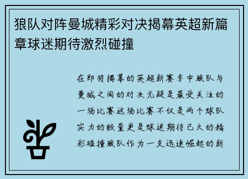 狼队对阵曼城精彩对决揭幕英超新篇章球迷期待激烈碰撞