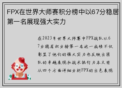 FPX在世界大师赛积分榜中以67分稳居第一名展现强大实力