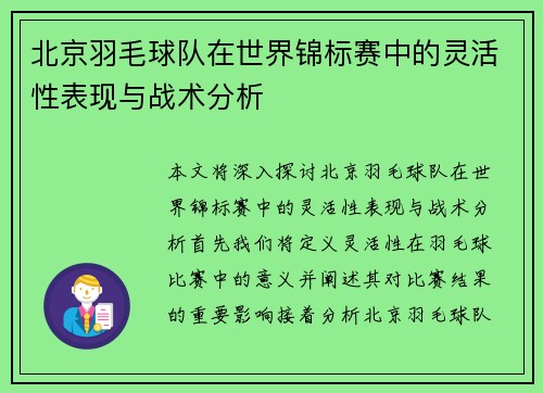 北京羽毛球队在世界锦标赛中的灵活性表现与战术分析