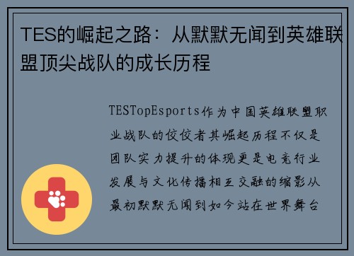 TES的崛起之路：从默默无闻到英雄联盟顶尖战队的成长历程