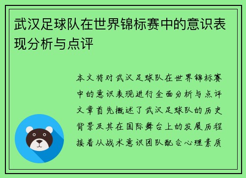 武汉足球队在世界锦标赛中的意识表现分析与点评